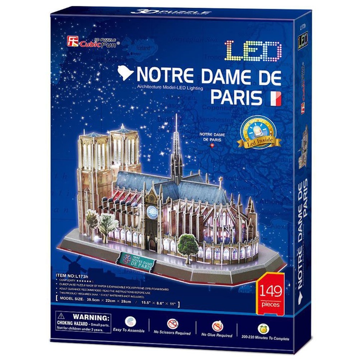 Пъзел 3D Cubic Fun LED - Notre Dame, 149 части