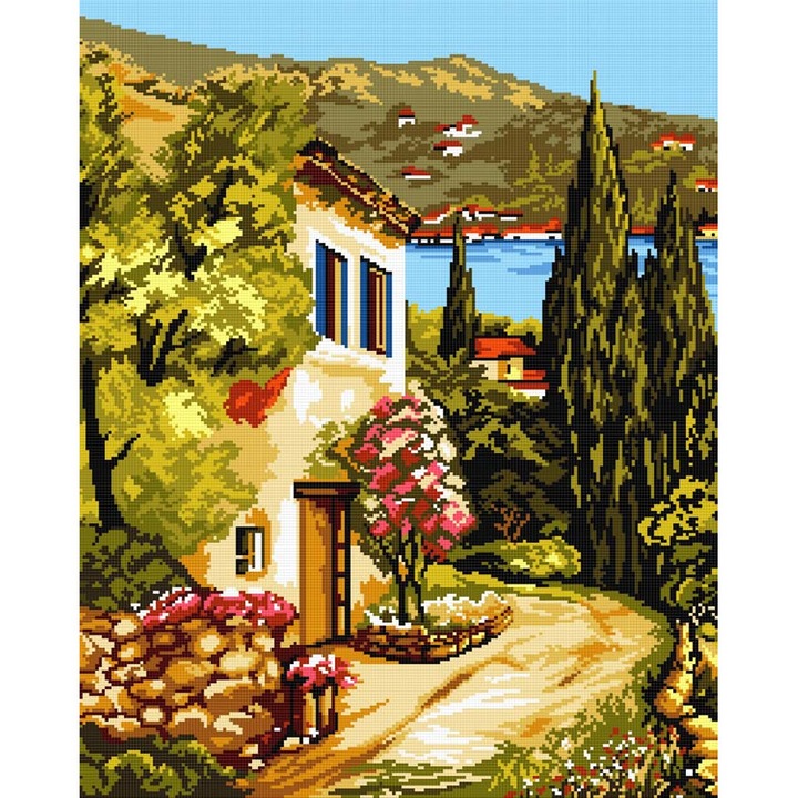 Goblen strada cu plopi , Hudemas , kit cu diagrama alb-negru , cu fire mouline 20x25cm