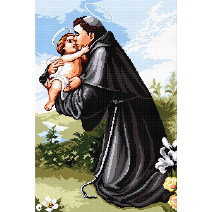 Goblen Sfantul Anton de Padova , Hudemas , kit imprimat pe panza , cu fire mouline 20x30cm