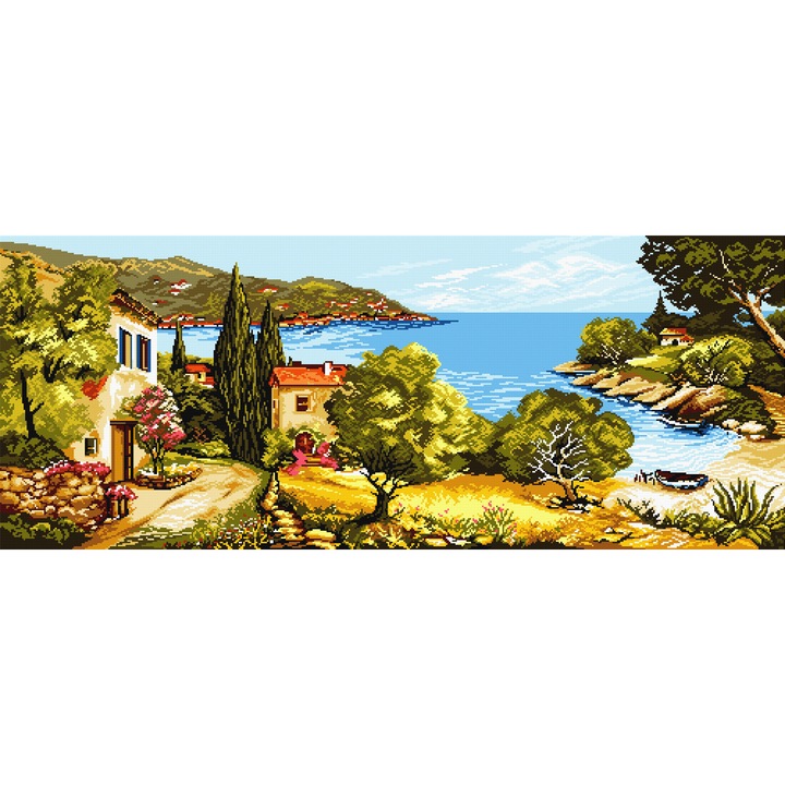 Goblen peisaj la malul marii , Hudemas , kit cu diagrama alb negru , cu fire mouline 20x50cm