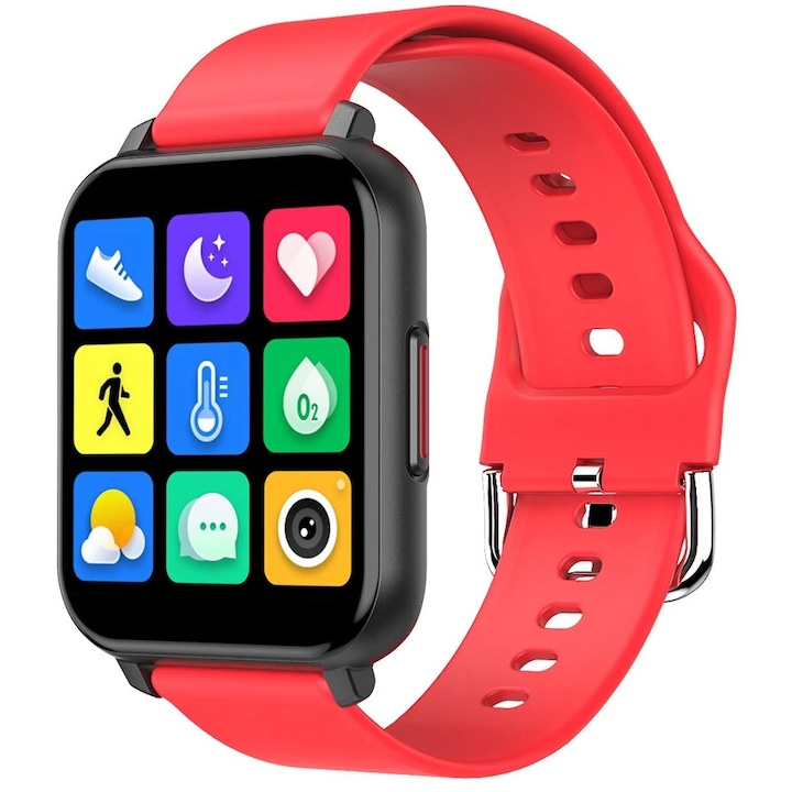 Ceas SmartWatch LikeSmart™ TimeFiT, TFT Tempered Glass Display, 1.55", Oximetru SpO2, Notificari, Monitorizare Ritm Cardiac si Tensiune Arteriala, Monitorizare Somn, Jocuri, Player Audio, Silicon Red
