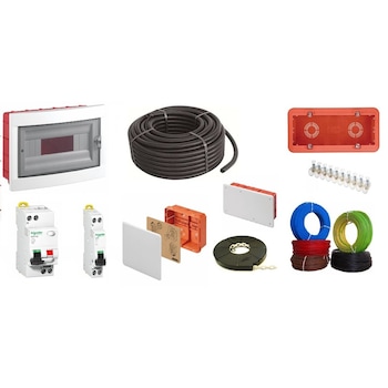 Pachet complet mediu pentru instalatie electrica, tencuiala, doze, copex, tablou, conductori, sigurante. Pachet complet mediu pentru instalatie electrica, tencuiala, doze, copex, tablou, conductori, sigurante.