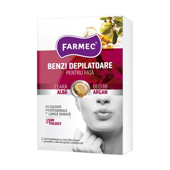 Benzi depilatoare Farmec pentru fata cu ceara alba si argan, 10x2 buc Benzi depilatoare Farmec pentru fata cu ceara alba si argan, 10x2 buc