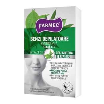 Benzi depilatoare Farmec pentru fata cu ceara gel, 20 benzi + 2 servetele Benzi depilatoare Farmec pentru fata cu ceara gel, 20 benzi + 2 servetele