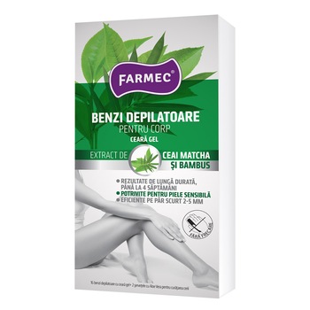 Benzi depilatoare Farmec pentru corp cu ceara gel, 16 benzi + 2 servetele Benzi depilatoare Farmec pentru corp cu ceara gel, 16 benzi + 2 servetele