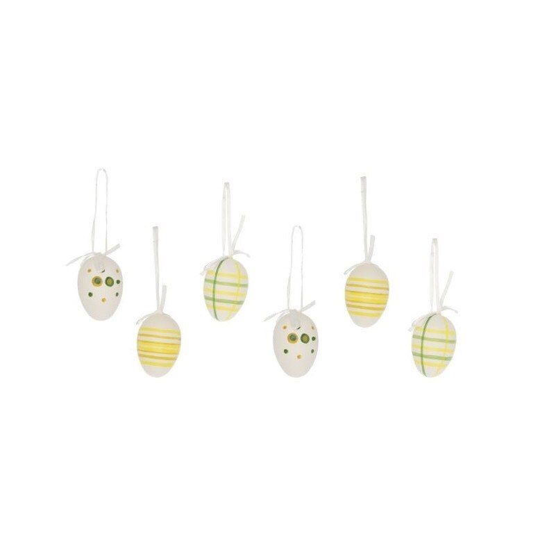Set 6 oua cu agatatoare, alb/verde/galben, 6 cm