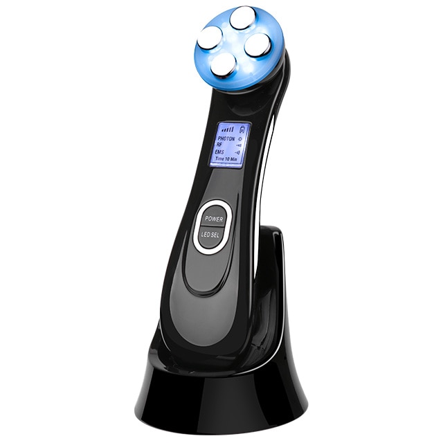 Aparat pentru intinerirea pielii 5 in 1 FunVita™ Photon Skin, anti rid, tratament Electroporare, RF si cu lumina LED, anti rid, inchide porii, acnee, albire, fata si gat, stand incarcare, Negru