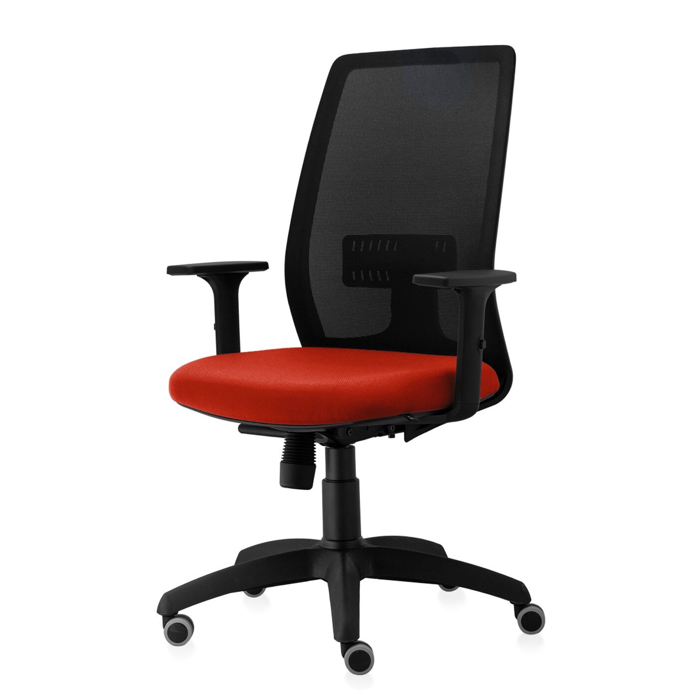 Scaun ergonomic de birou TRAFFIC CHAIRS CONCEPT ECO, mesh NEGRU, sezut PORTOCALIU INCHIS, spatar mesh, brate reglabile, mecanism multiblock, role gumate, suport lombar reglabil