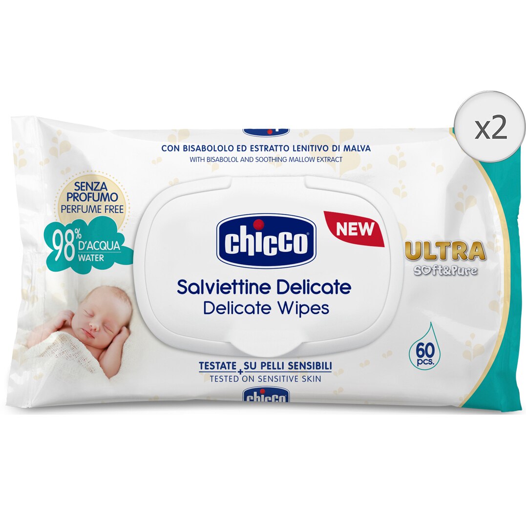 Servetele umede cu clapeta Chicco Softpure, 2 pachete x 60, 120 buc, de la nastere