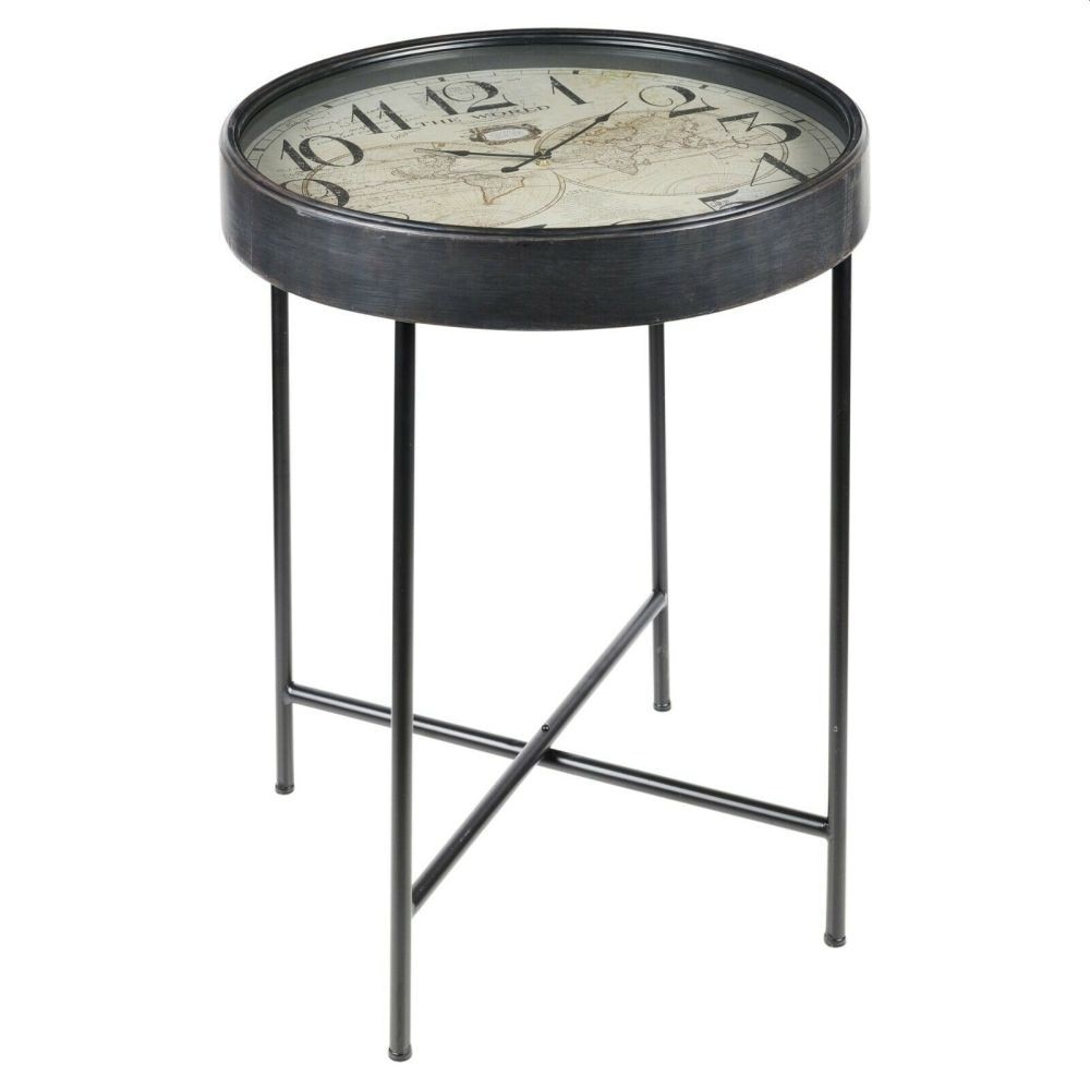 Masuta de cafea cu ceas incorporat, Koopman, harta lumii, blat sticla securizata, 63x63x70cm