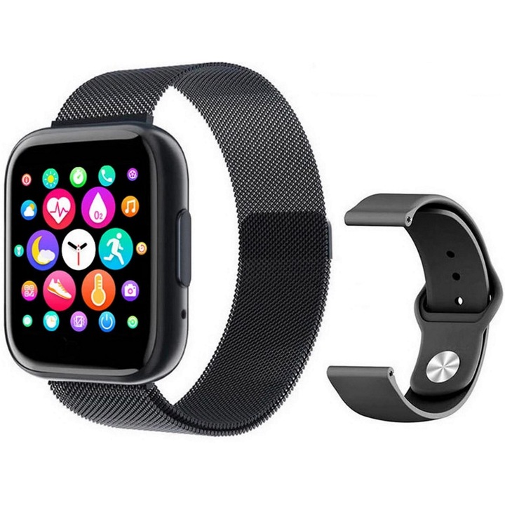 SmartWatch idealStore T99 New Gen, HD дисплей, Bluetooth, напомняне, мониторинг на здравето, оксиметър, крачкомер, 2 гривни, Ip67, черен