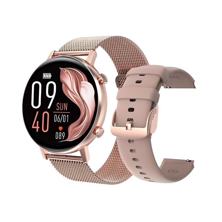 Smartwatch Time™On Gold IdealStore Full HD, Ecran de 1.3 Inch, Monitorizare tensiune arteriala si frecventa cardiaca, Rezistent la apa IP67, Notificari apeluri Bluetooth, Whatsapp, Facebook, Mod multi-sport, Sistem de operare Android sau IOS