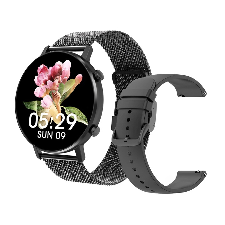 Smartwatch Time™On Black IdealStore Full HD, Ecran de 1.3 Inch, Monitorizare tensiune arteriala si frecventa cardiaca, Rezistent la apa IP67, Notificari apeluri Bluetooth, Whatsapp, Facebook, Mod multi-sport, Sistem de operare Android sau IOS