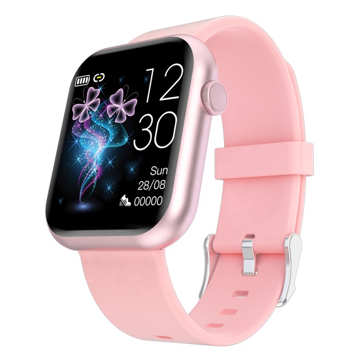 Ceas SmartWatch LikeSmart™ RFIT, Full Touch, 1.3" HD Display, Oximetru SpO2, Monitorizare Ritm Cardiac si Tensiune Arteriala, Notificari, 8 Zile StandBy, Jocuri, Player Audio, Silicon Pink