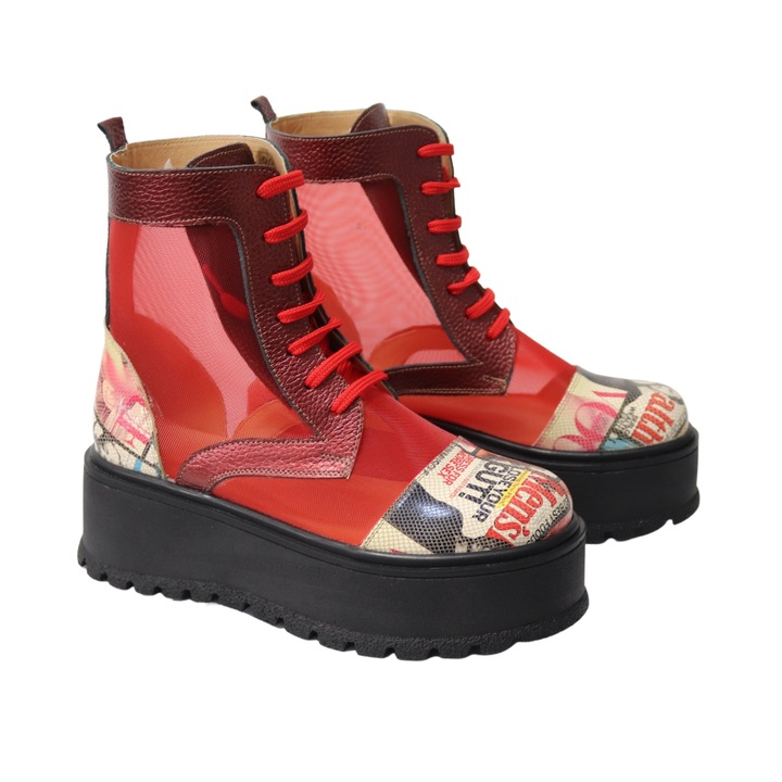 Ghete Dama cu Plasa, Rosii cu Imprimeu Albe, Mateo Shoes din piele naturala, Rosu