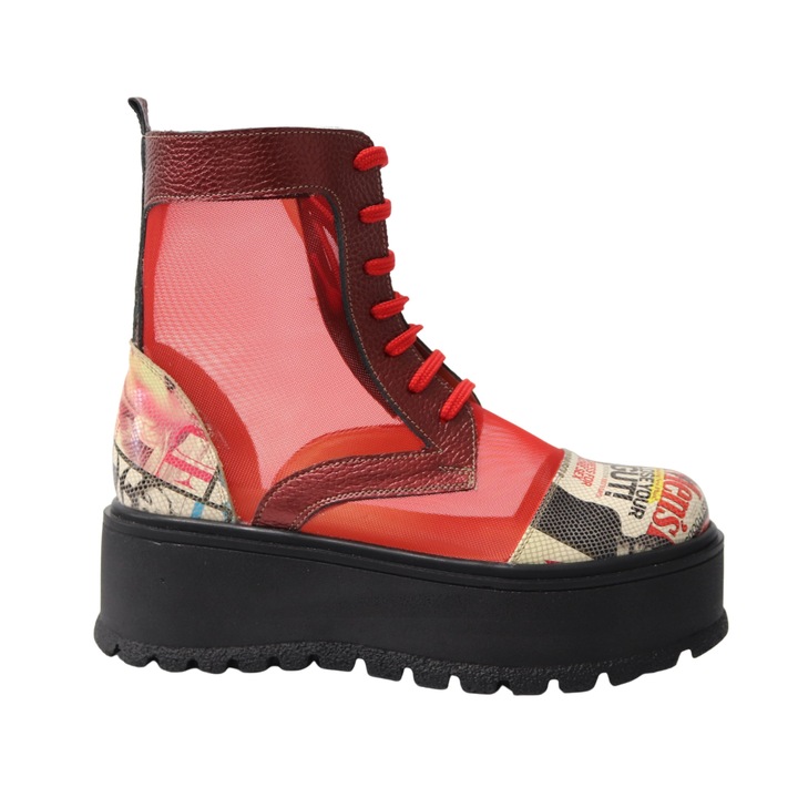 Ghete Dama cu Plasa, Rosii cu Imprimeu Albe, Mateo Shoes din piele naturala, Rosu