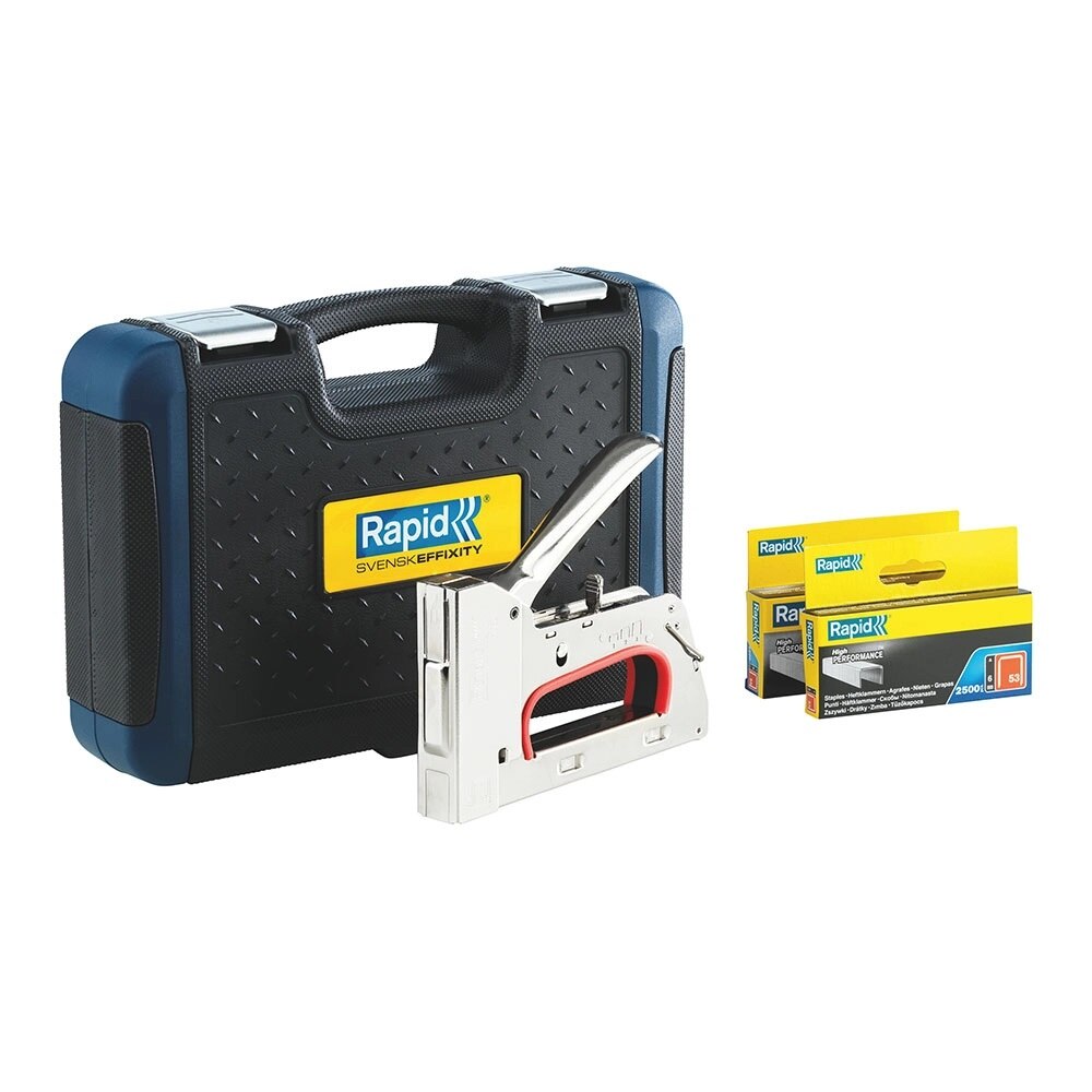 Capsator tacker Rapid PRO R353E kit cu servieta + 5000 capse, ajustare forta capsare in 3 trepte, capse 53/6-14 mm, include capse Rapid 53/6 (2500 buc/cutie) + capse Rapid 53/8 (2500 buc/cutie)