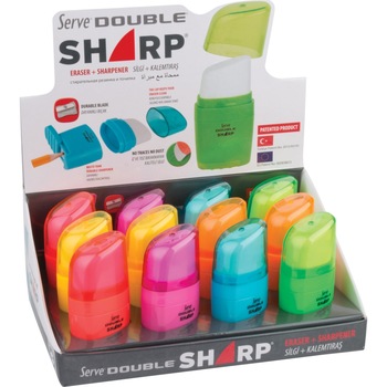Set 12 Ascutitori Double Sharp Combo, radiera inclusa, culori fluorescente, prezentare pe display Set 12 Ascutitori Double Sharp Combo, radiera inclusa, culori fluorescente, prezentare pe display