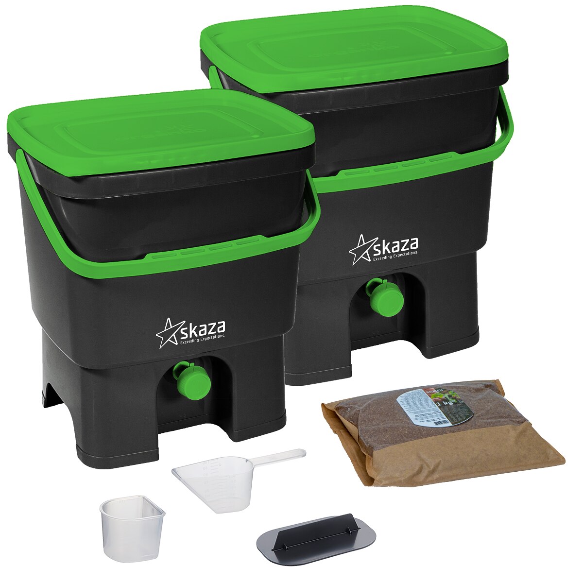 Set 2 cosuri pentru compostarea resturilor organice , Bokashi Organko, bucatarie si gradina, din plastic reciclat, Negru/Verde, 2 x 16 L, cu 1 kg accelerator de compost
