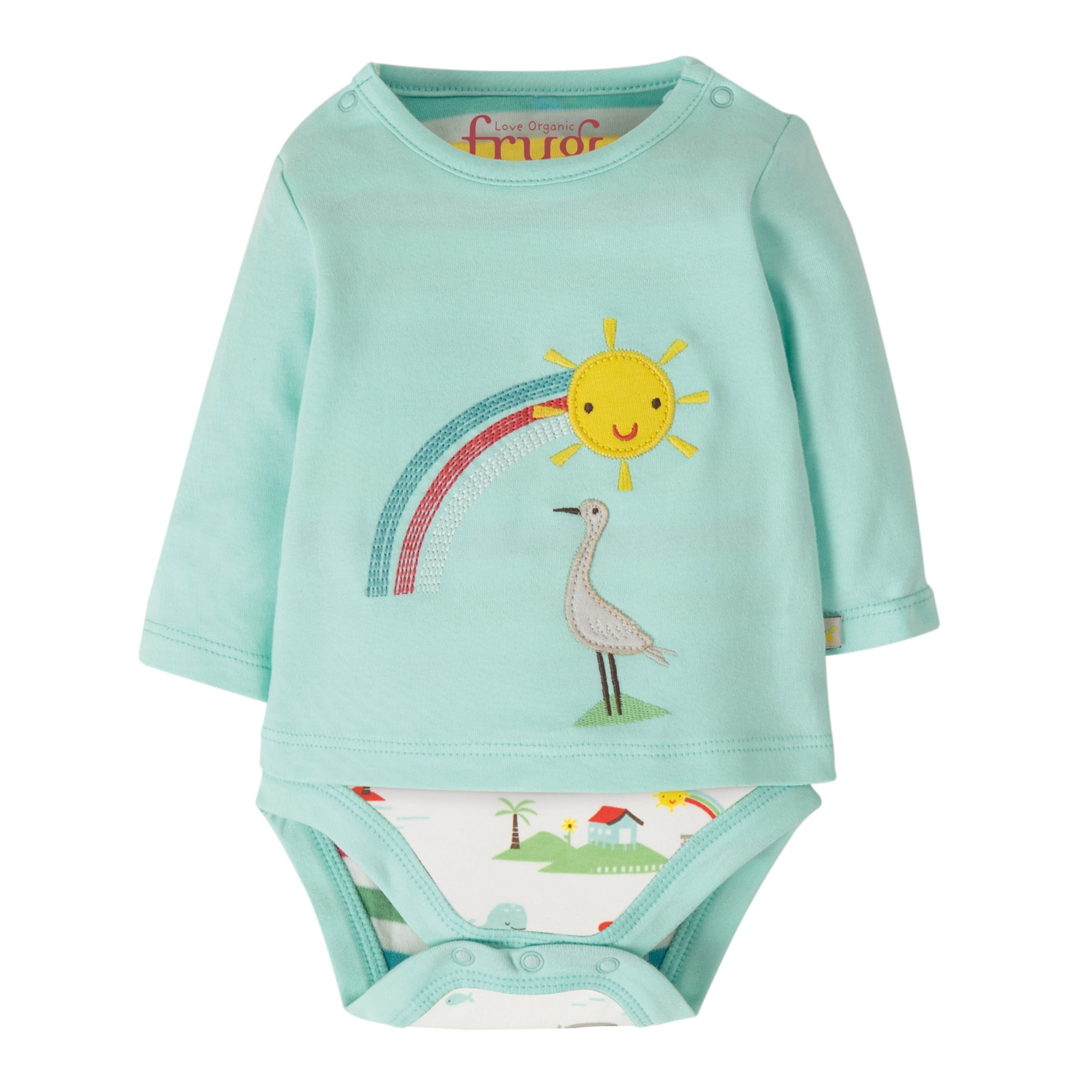 Body-bluza, 2 in 1, barza jucausa, bumbac organic, multicolor, bebe 0- 6 luni
