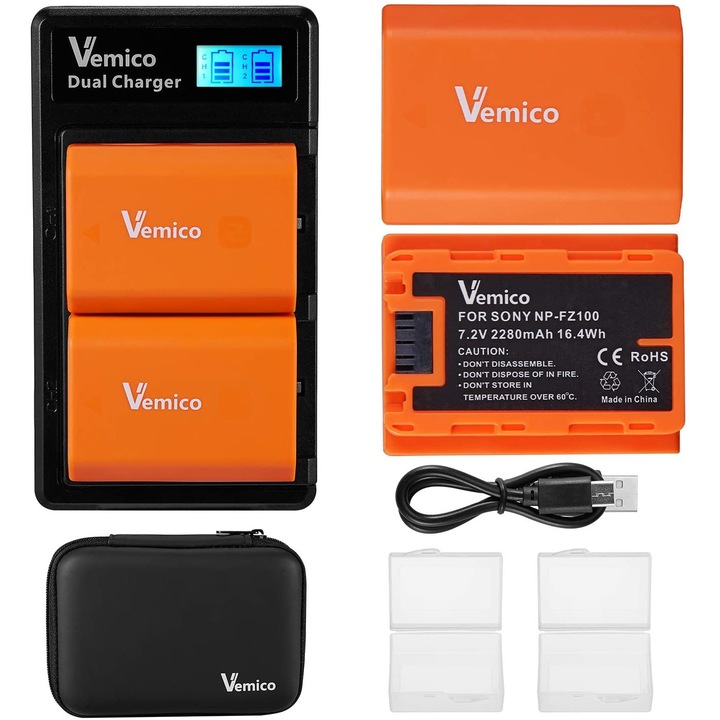 Vemico NP-FZ100 Sony akkumulátor, 2 db, 2280 mAh, töltő LCD kijelzővel