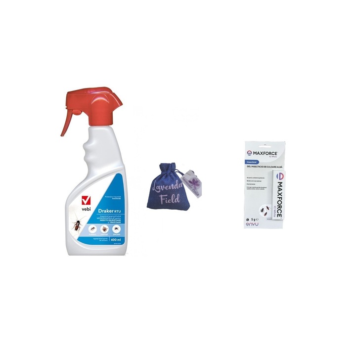 Set Insecticid profesional Gel Bayer Max Force IC 5 g si Draker RTU 400 ml, solutie contra gandacilor de bucatarie, gandacul rosu, negru, furnici, tantari si Saculet de lavanda LF 10 gr