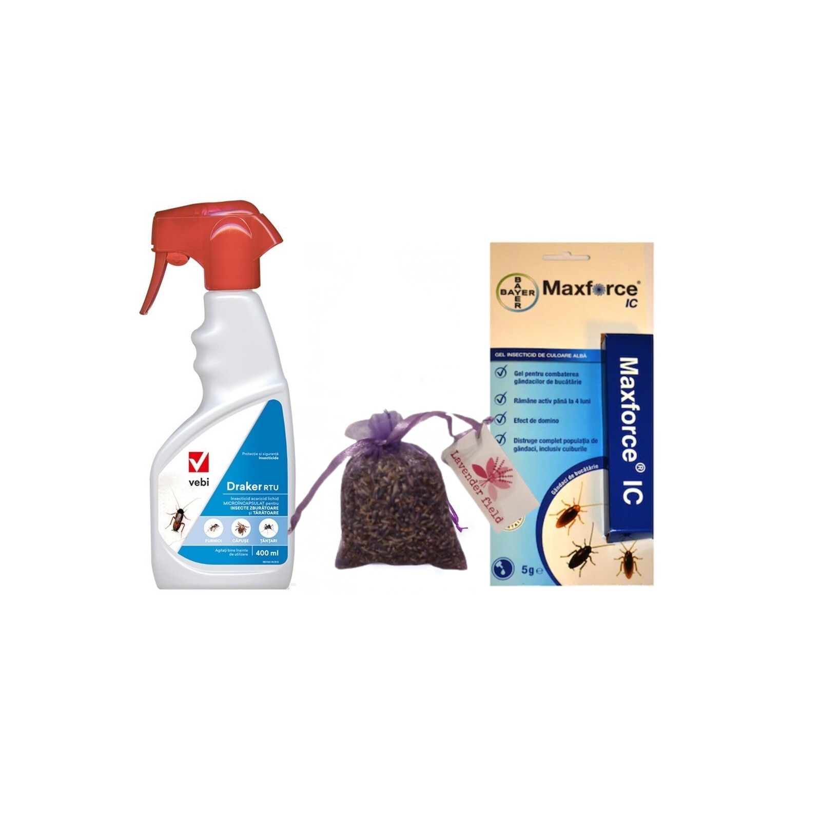Set Insecticid profesional Gel Bayer Max Force IC 5 g si Draker RTU 400 ml, solutie contra gandacilor de bucatarie, gandacul rosu, negru, furnici, tantari si Saculet de lavanda 10 gr
