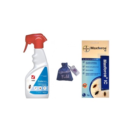 Set Insecticid profesional Gel Bayer Max Force IC 5 g si Draker RTU 400 ml, solutie contra gandacilor de bucatarie, gandacul rosu, negru, furnici, tantari si Saculet de lavanda LF 10 gr
