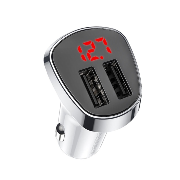 Двойно USB зарядно за кола, с LED дисплей, Borofone BZ15, DC 12-24V, 5V 2.4 A, бяло