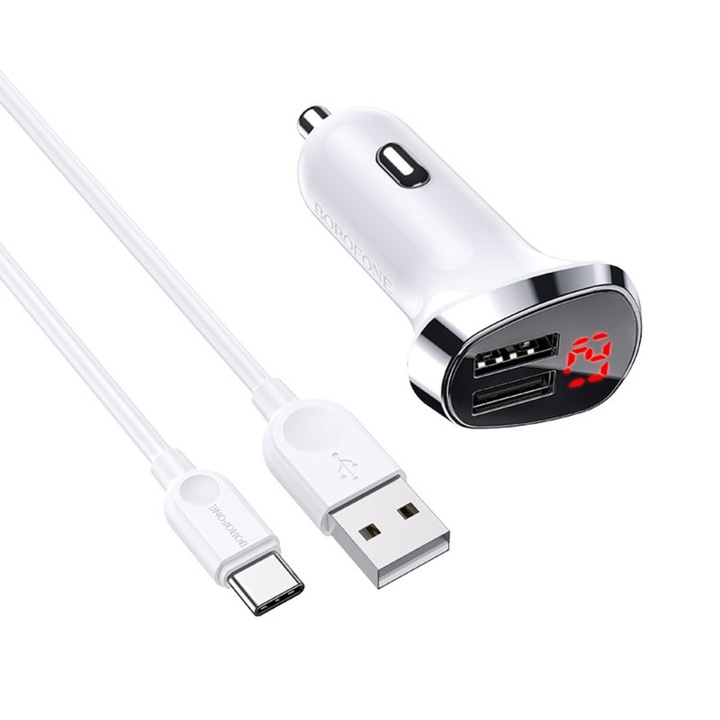 Двойно USB зарядно за кола, с LED дисплей, Borofone BZ15, с USB Type C кабел 1m, DC 12-24V, 5V 2.4 A, бяло
