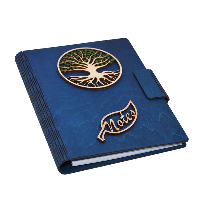 Agenda A5 din lemn, albastra, Piksel, Pomul vietii, 100 pagini si pix din lemn inclus