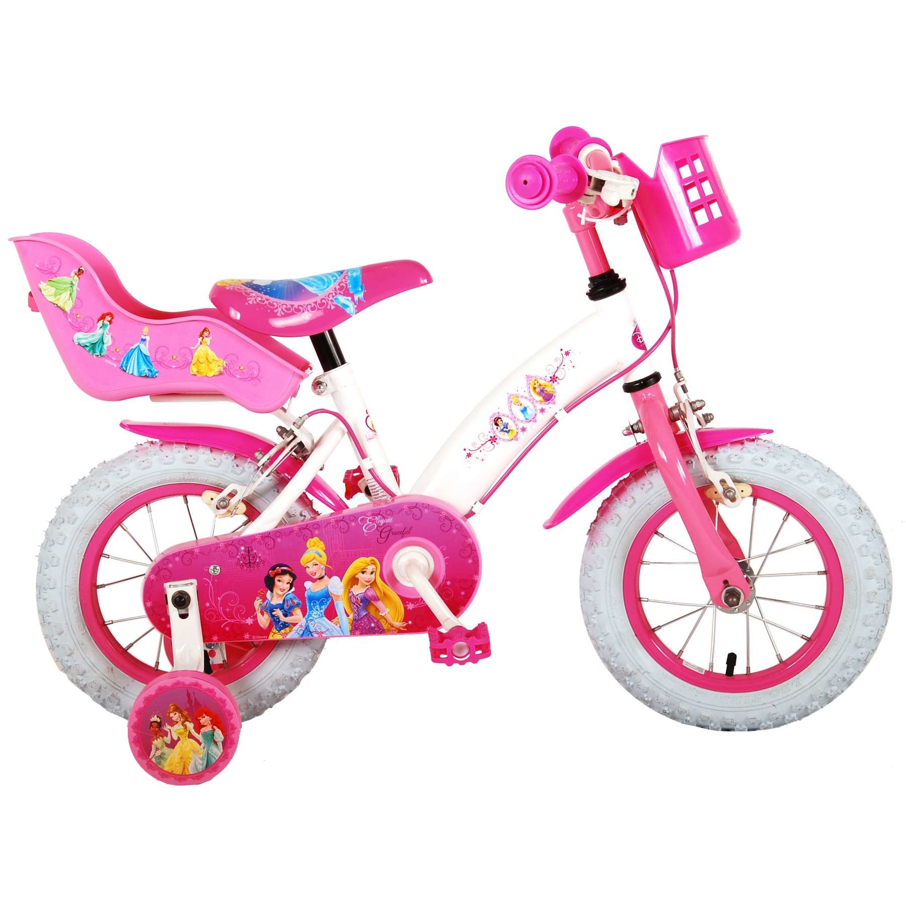 Bicicleta pentru fete Disney Princess,12 inch, culoare roz/alb, frana de mana fata + spate