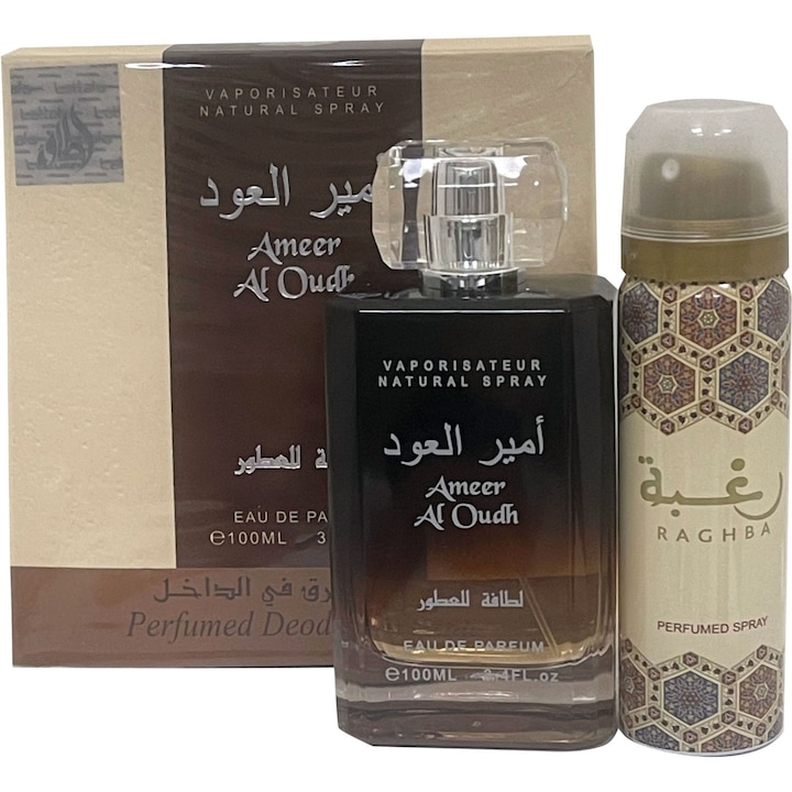 Set Lattafa, Ameer al Oud, Unisex: Apa de Parfum, 100 ml + Deodorant Spray, 50 ml