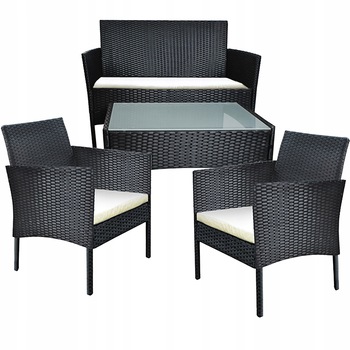 Set mobilier gradina/terasa din ratan, 4 piese, 3 perne, Negru Set mobilier gradina/terasa din ratan, 4 piese, 3 perne, Negru