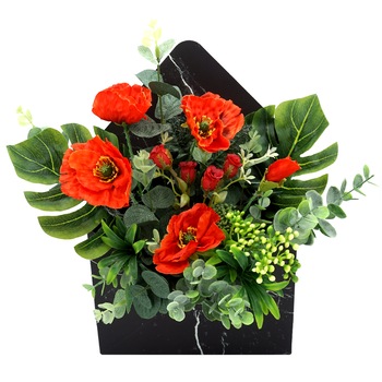 Aranjament floral plic, din flori de matase, handmade, Regalo - Buchet cu maci, 9 flori, 30 cm Aranjament floral plic, din flori de matase, handmade, Regalo - Buchet cu maci, 9 flori, 30 cm