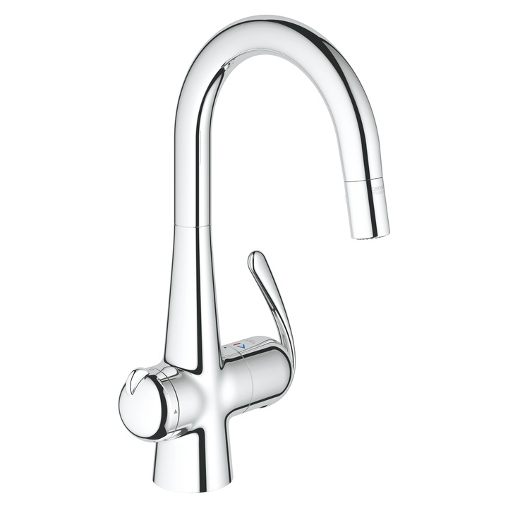 Смесител Grohe, Zedra, 31203000, Grohe SilkMove 46 mm керамичен картуш, превключвател: ламинарна струя/ SpeedClean Jet струя, автоматично връщане към ламинарната струя, възможност за завъртане 140°, защита от обратен поток