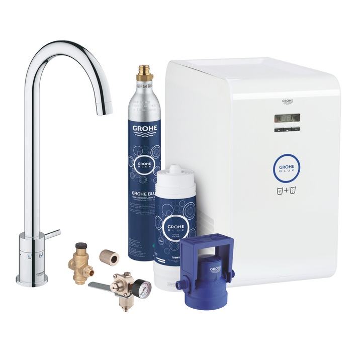 Комплект Grohe, Mono Chilled and Sparkling, Blue Minta Mono смесител с филтър, бутилка Grohe Blue 425 g CO2, охладител 270 Watt, 230 V, 50 Hz, Grohe Blue Cube
