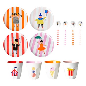 Set vase din melamina pentru copii, Rice, Circus Print, Multicolor (4 farfurii, 4 linguri, 4 pahare) Set vase din melamina pentru copii, Rice, Circus Print, Multicolor (4 farfurii, 4 linguri, 4 pahare)