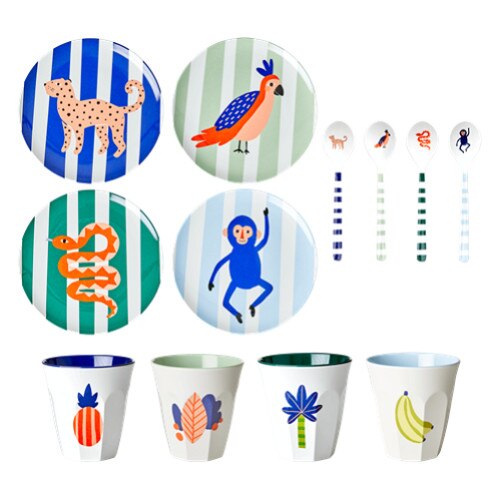 Set vase din melamina pentru copii, Rice, Jungle Print, Multicolor (4 farfurii, 4 linguri, 4 pahare)