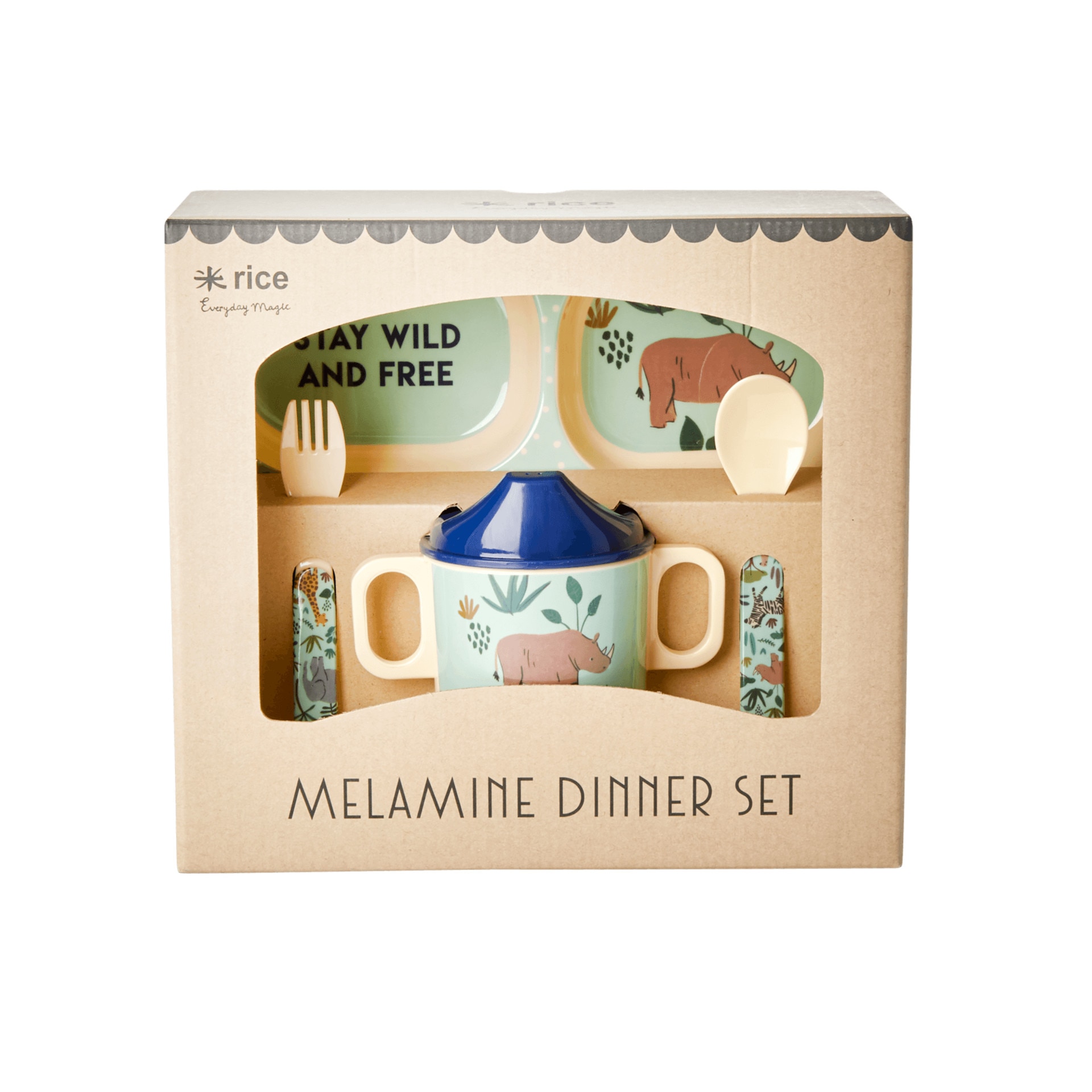 Set tacamuri pentru copii din melamina, Rice, Blue Jungle, Multicolor (1 x lingura, 1 x furculita, 1 x farfurie, 1 x cana)