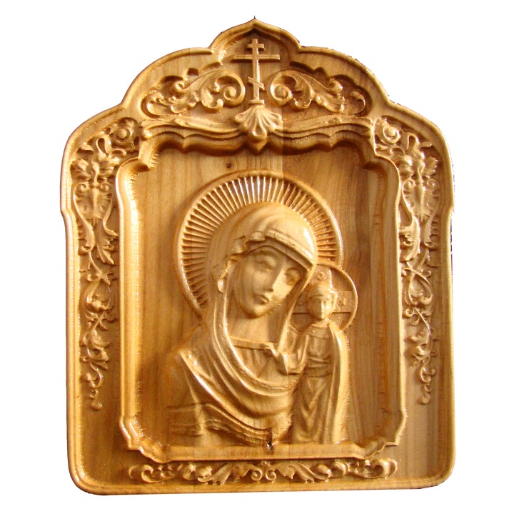 Icoana Maica Domnului cu Pruncul Iisus, sculptura in lemn masiv, 22x18.5 cm