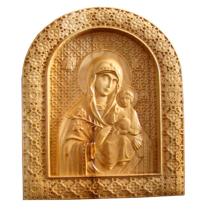 Icoana sculptata Maica Domnului cu Pruncul Iisus, sculptura in lemn masiv, 22,5x19 cm
