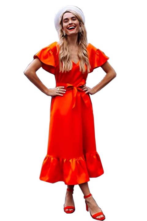 Дамска рокля The Drop AZ14125-3941650, V-образно деколте, Бухнали ръкави, С колан, Червен/оранжев, S