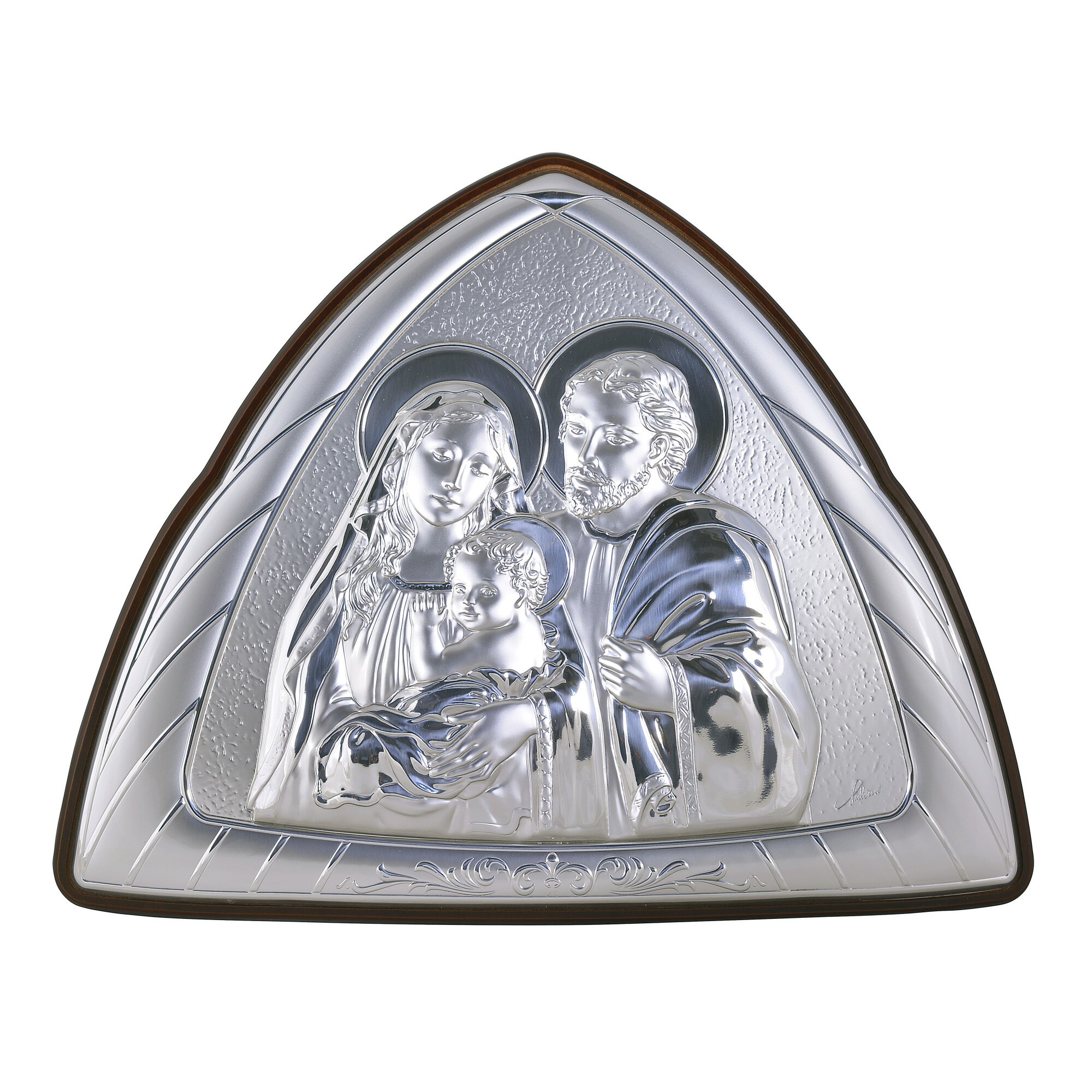 Icoana placata cu argint - Fecioara Maria cu Iisus in brate - Finisaj lemn alun, Triunghi, 28x22 cm, 4/5
