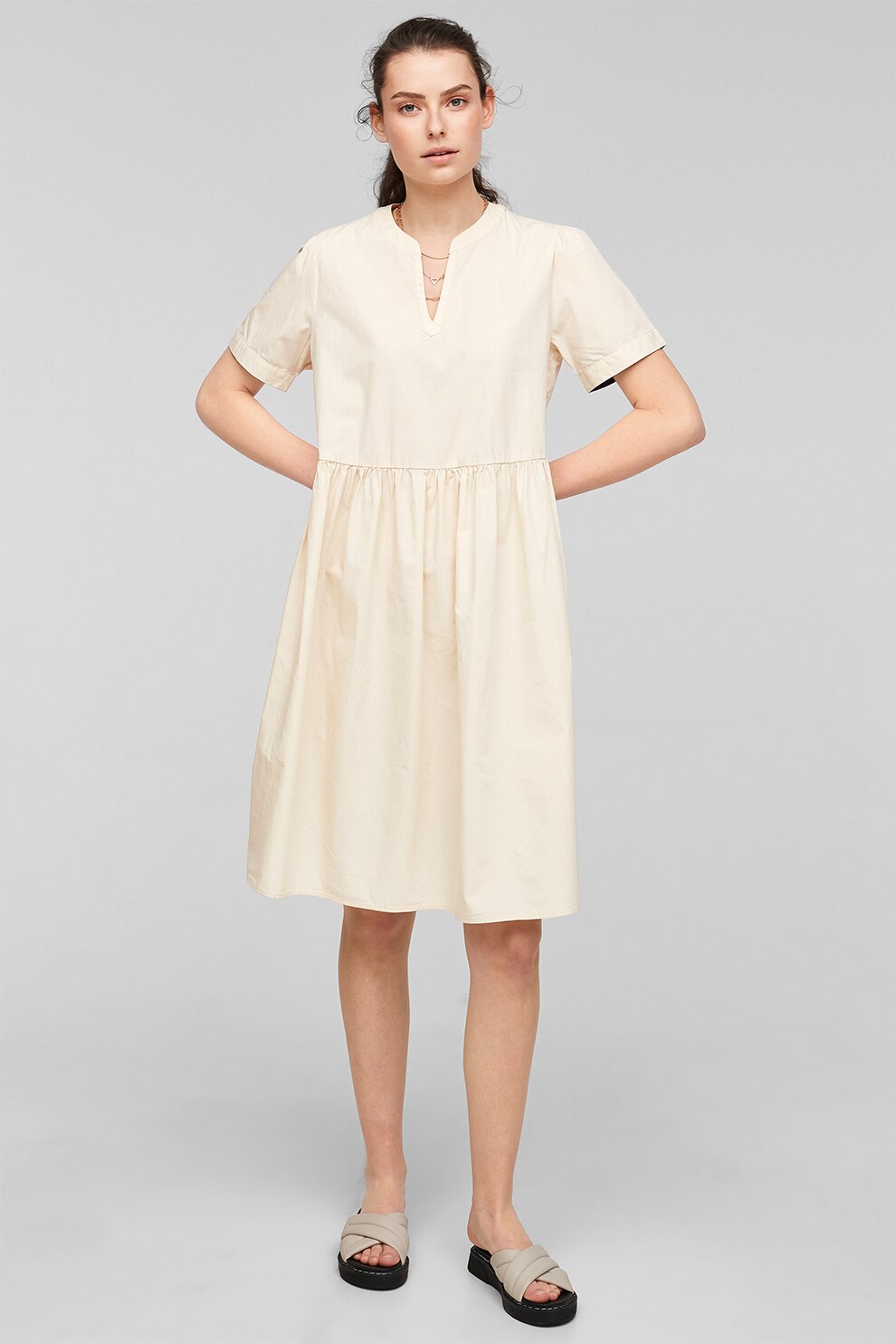 s.Oliver, Rochie de bumbac cu decolteu in V, Bej