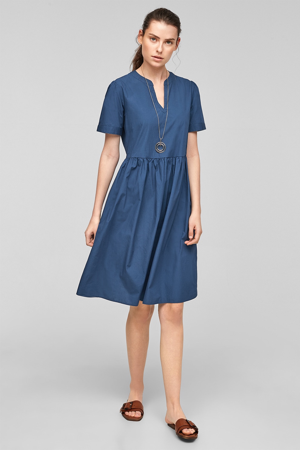 s.Oliver, Rochie de bumbac cu decolteu in V, Albastru inchis