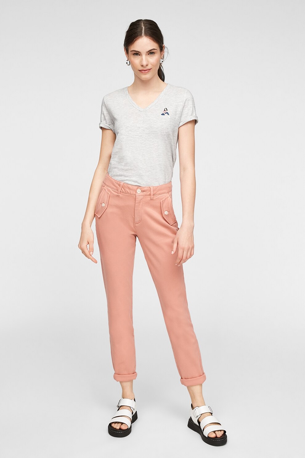 s.Oliver, Tricou de bumbac cu decolteu in V, Gri deschis