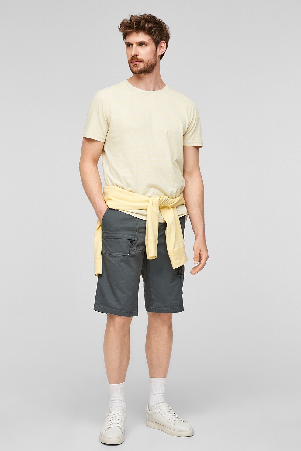 s.Oliver, Tricou din amestec de in cu decolteu la baza gatului, galben pal