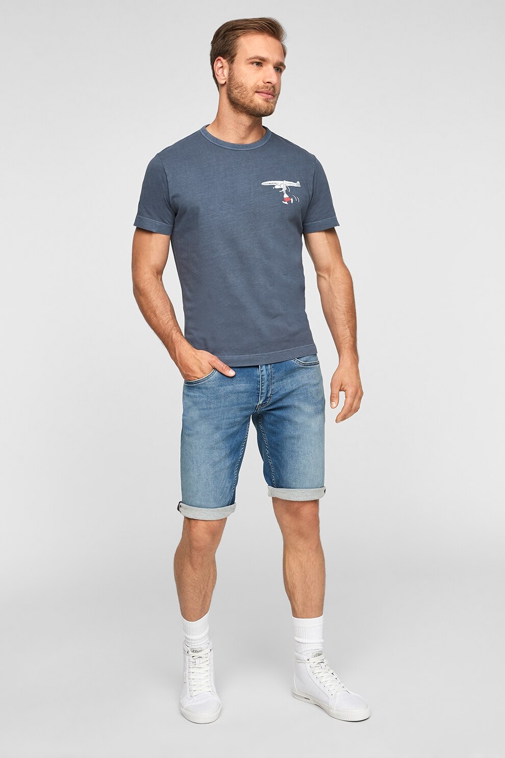 s.Oliver, Tricou cu decolteu la baza gatului si imprimeu, Albastru prafuit