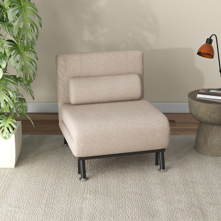 Canapea extensibila, HOMCOM, 3 in 1, cu spatar rabatabil pe 5 niveluri, perna si saltea captusite, din otel si in, 75x70x75cm, bej